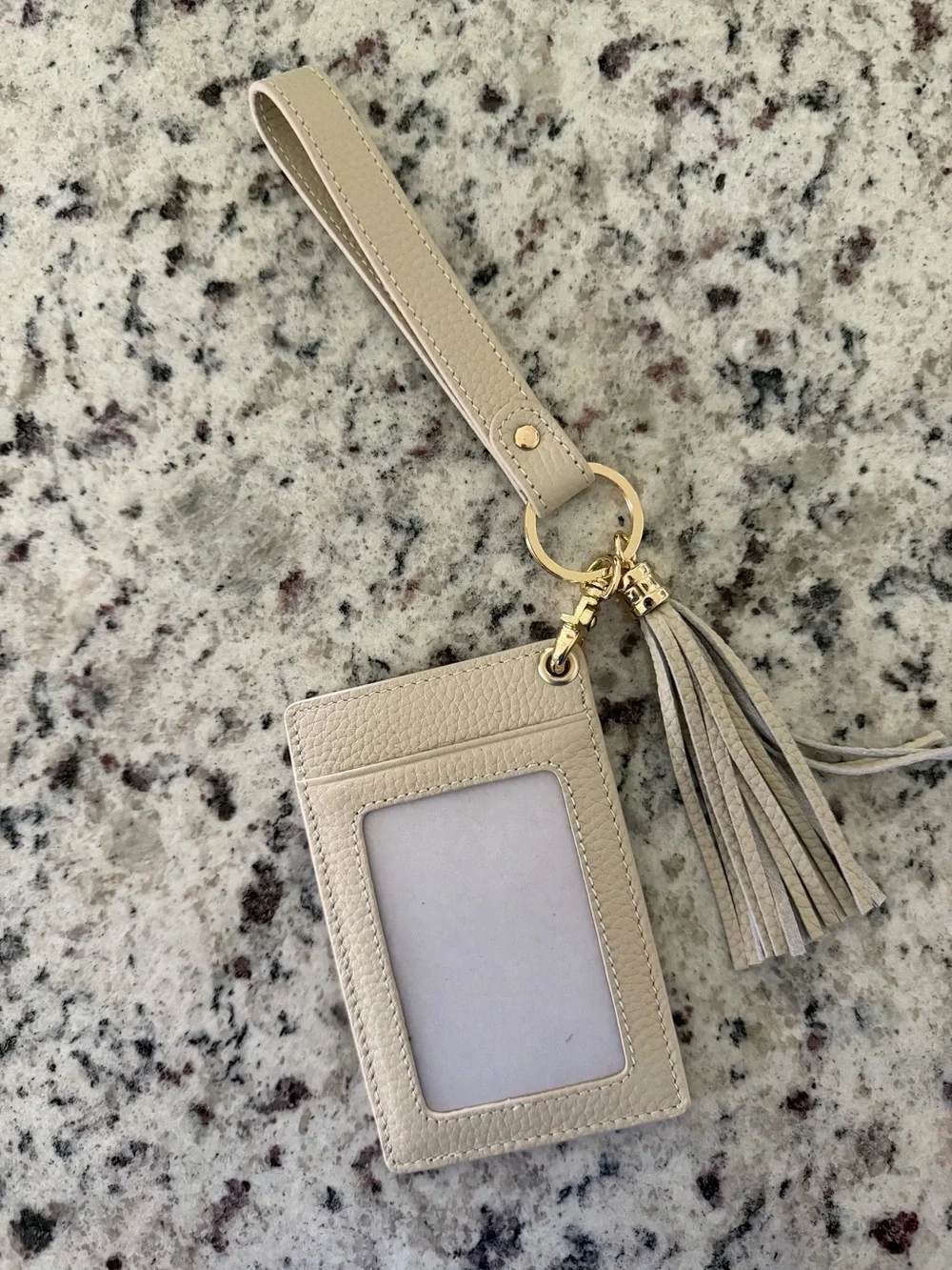 Beige Leather Tassel Card Holder Wristlet